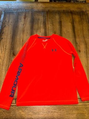 Under Armour Neon Orange Long Sleeve Performance Top with Navy Accents